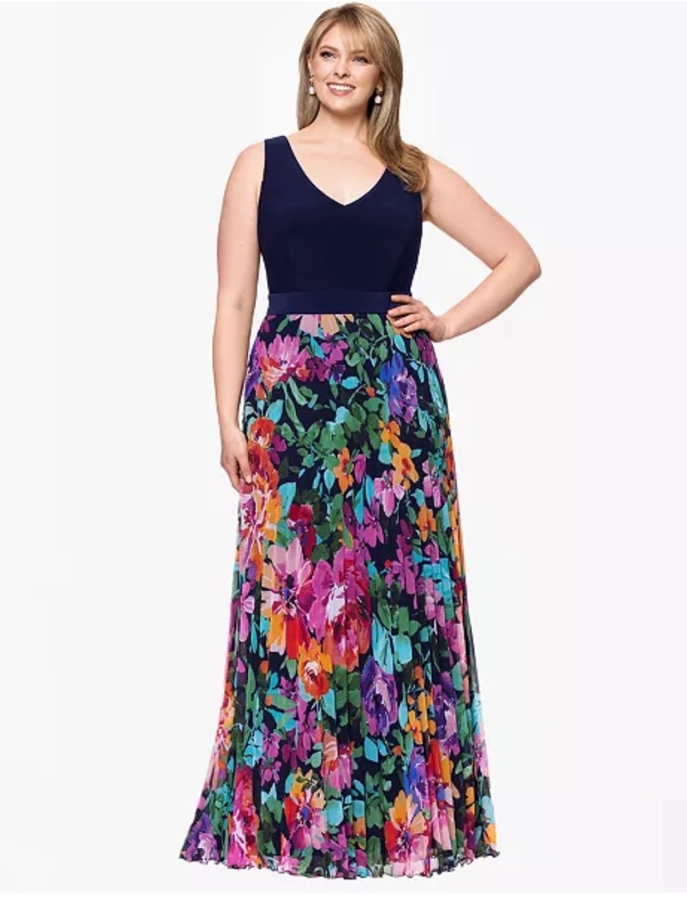 XSCAPE Floral Maxi Dress Navy Multicolor Sleeveless V-Neck 14W NWT